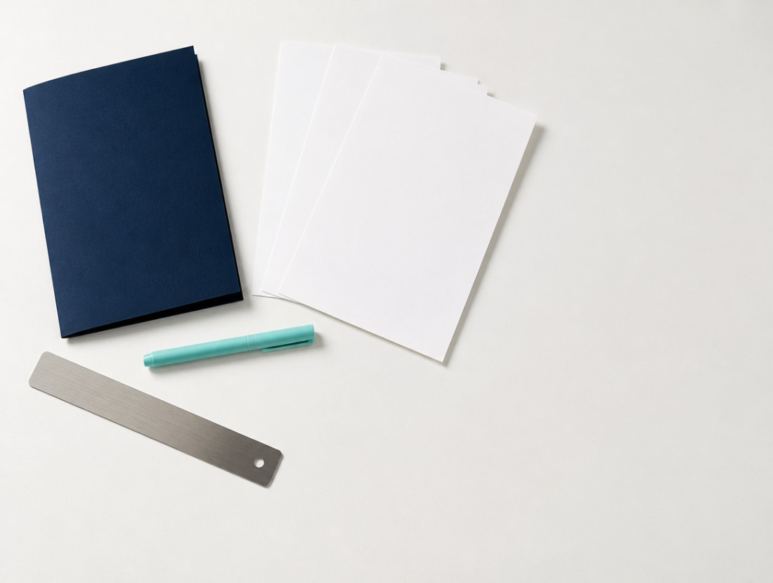 A work table seen from above: a closed navy folder, three blank sheets, an aqua marker and a steel ruler.
